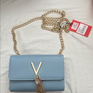 Mario Valentino Blue Gold Crossbody Bag with Chain Strap